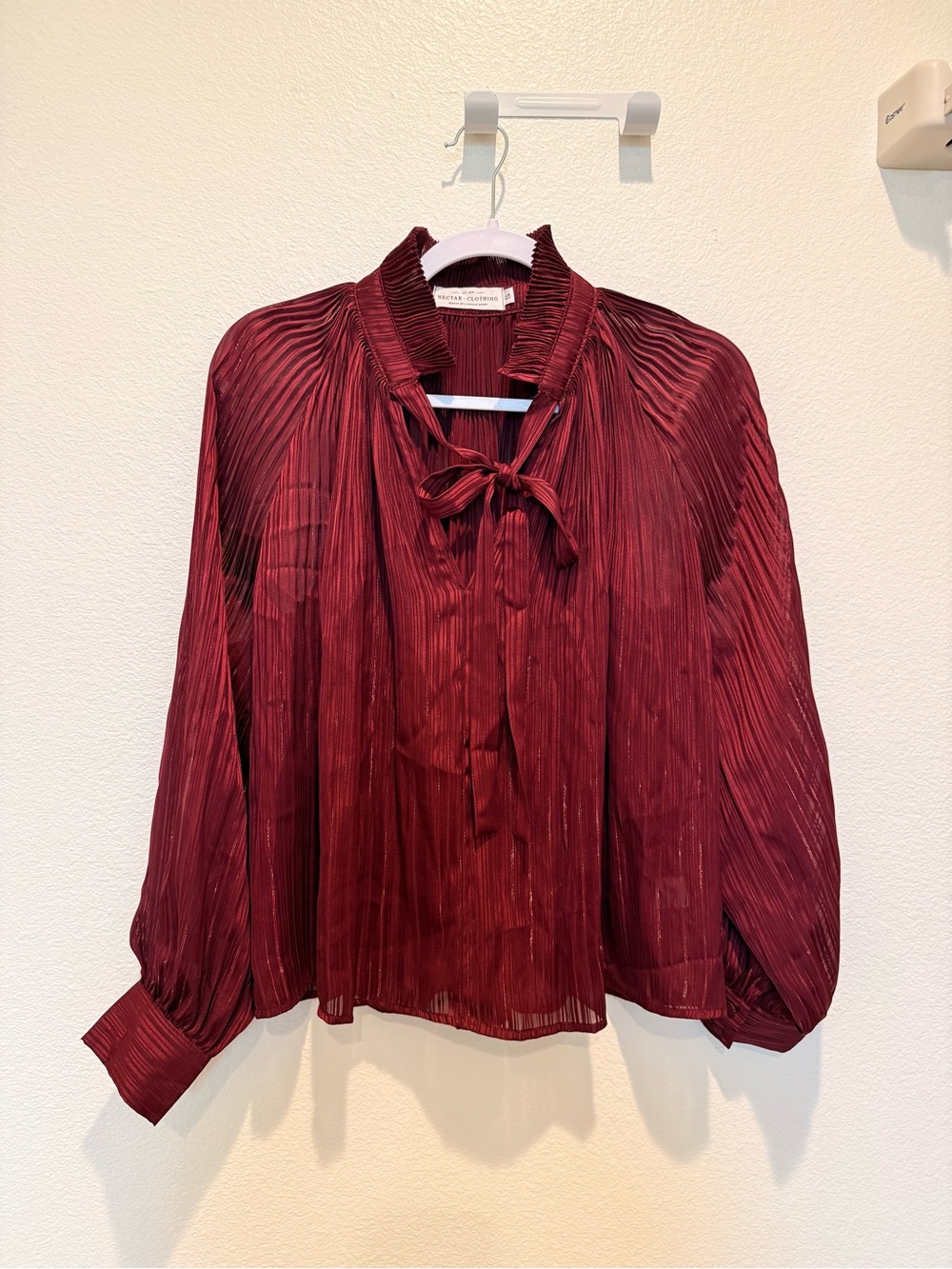 Pleated Bow Tie Blouse - Burgundy